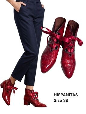 HISPANITAS Red Croc Embossed Patent Ankle Boots – Size 39 ❤️